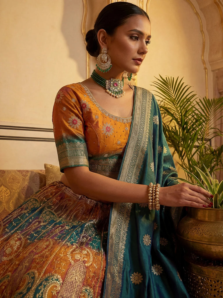 Pretty Yellow And Green Zari Weaving Silk Function Wear Lehenga Choli