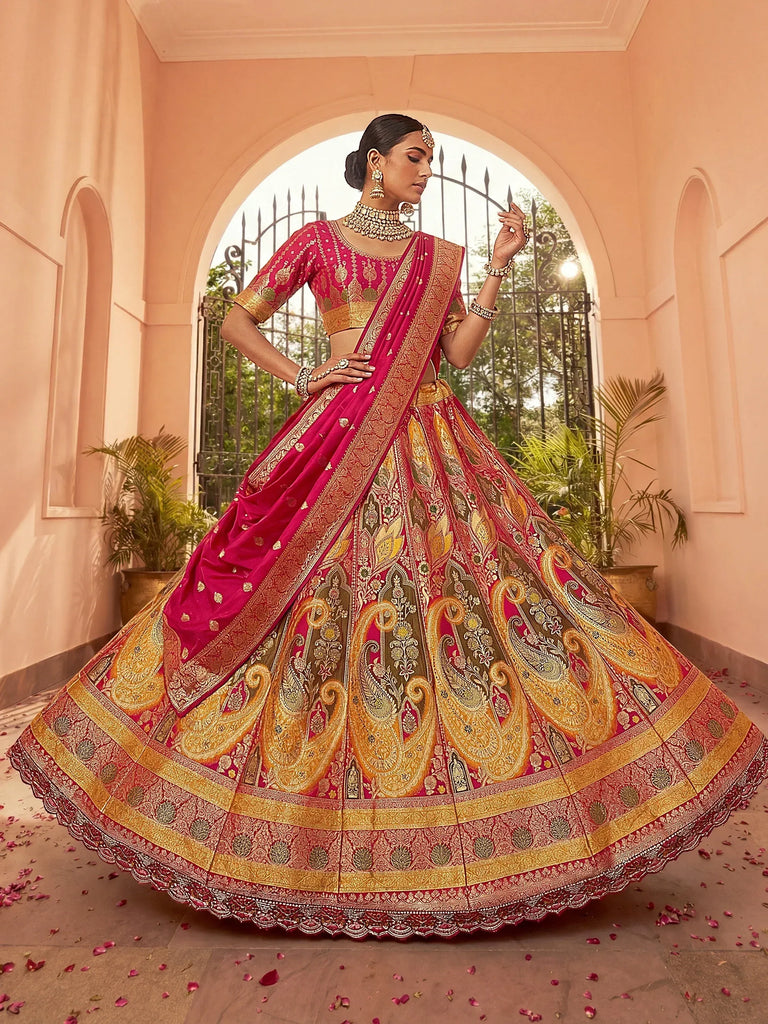 Great Yellow And Pink Zari Weaving Silk Festival Wear Lehenga Choli
