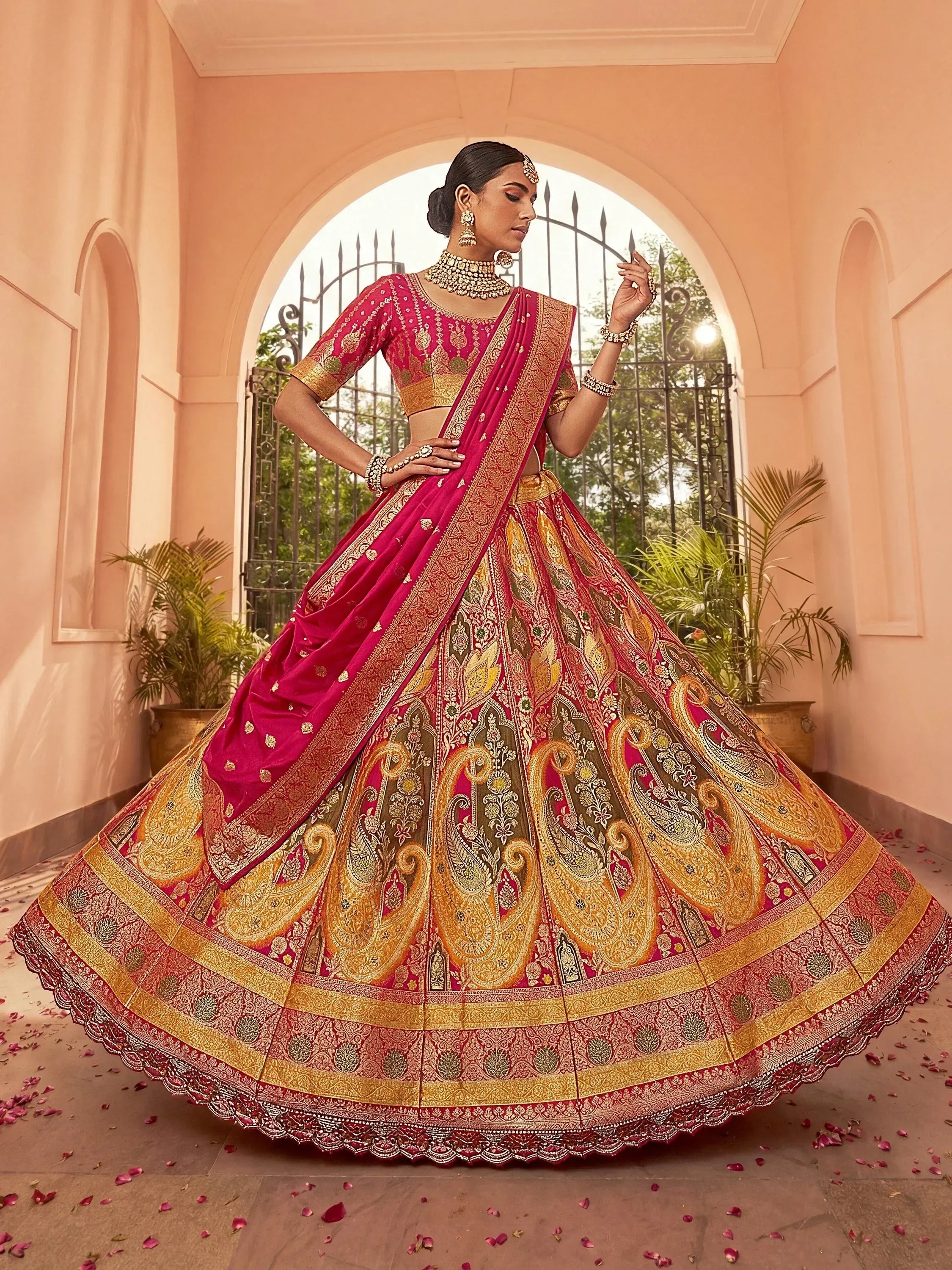 Great Yellow And Pink Zari Weaving Silk Festival Wear Lehenga Choli
