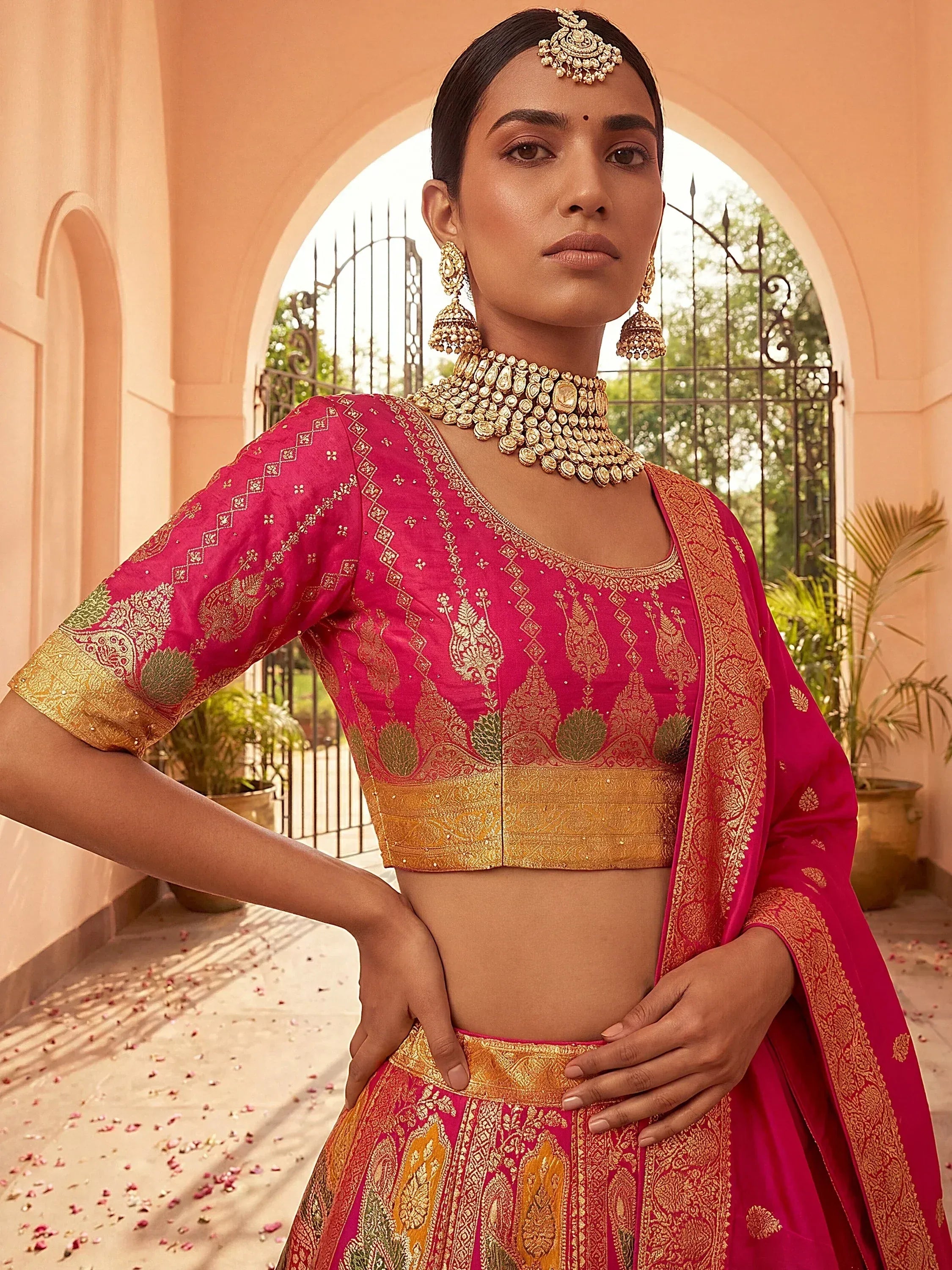 Great Yellow And Pink Zari Weaving Silk Festival Wear Lehenga Choli