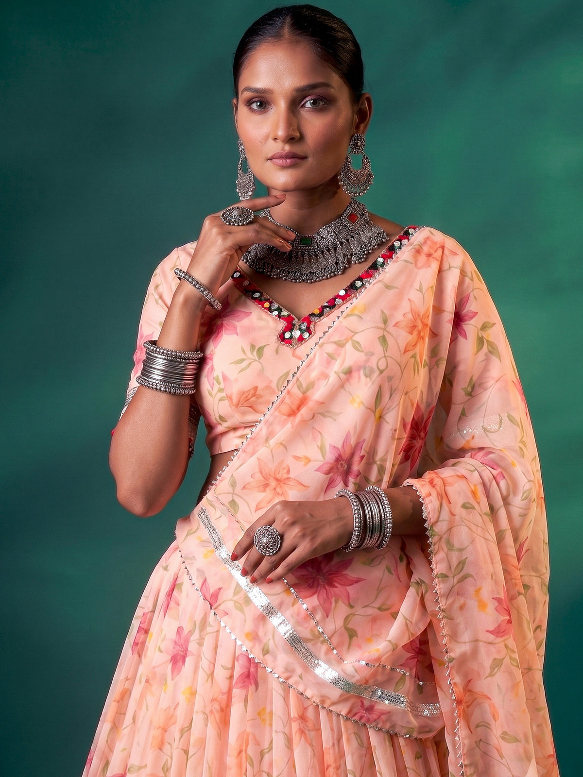 Fantabulous Peach Floral Printed Silk Event Wear Lehenga Choli