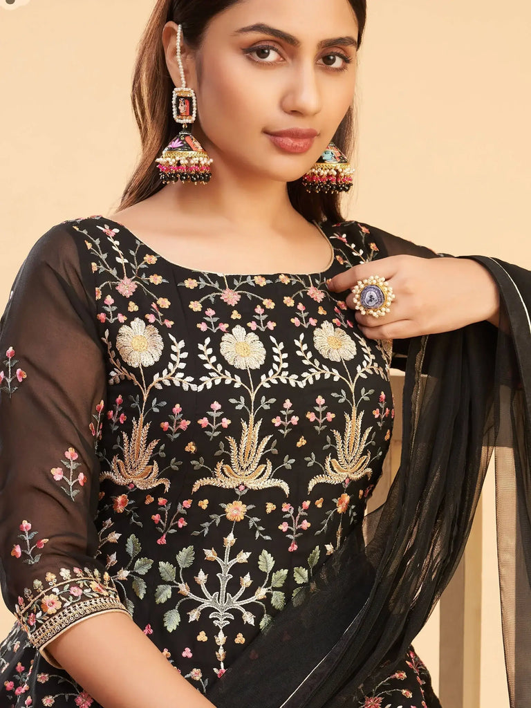Lovely Black Multi-Thread Georgette Party Wear Anarkali Pant Suit