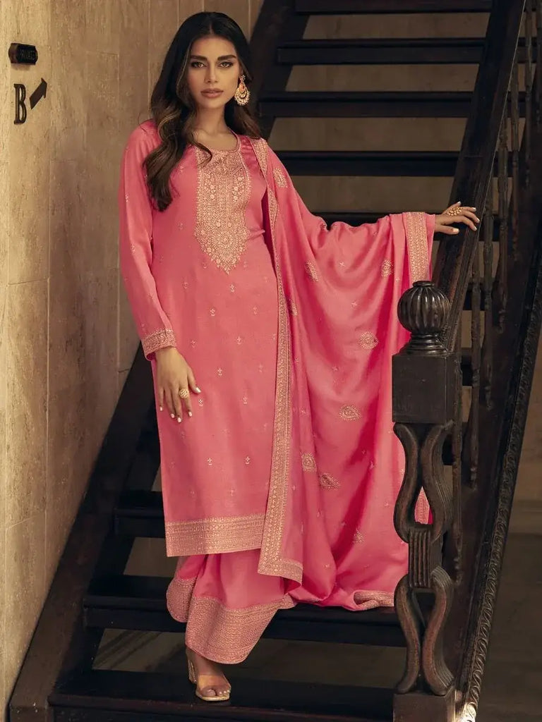 Delightful Peach Thread Embroidery Silk Reception Wear Palazzo Suit