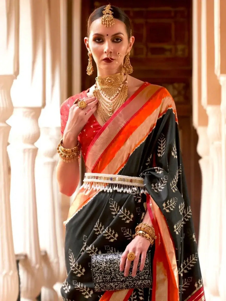 Stunning Black and Red Printed Patola Silk Wedding Saree and Blouse