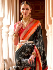 Stunning Black and Red Printed Patola Silk Wedding Saree and Blouse