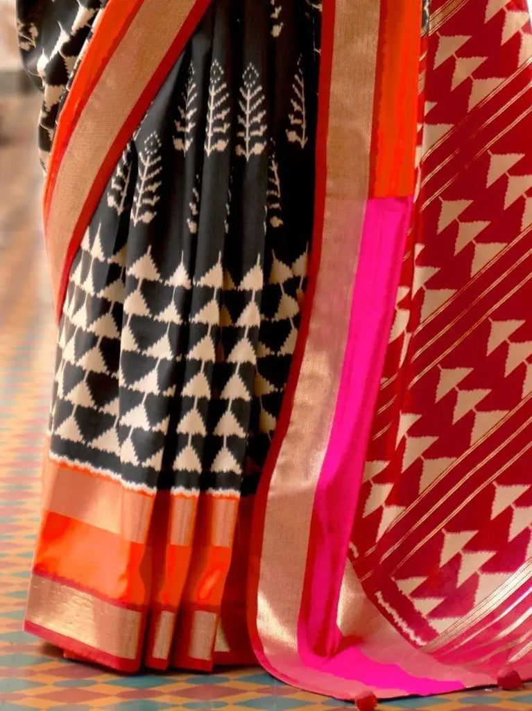 Stunning Black and Red Printed Patola Silk Wedding Saree and Blouse