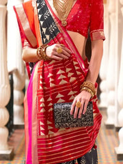 Stunning Black and Red Printed Patola Silk Wedding Saree and Blouse