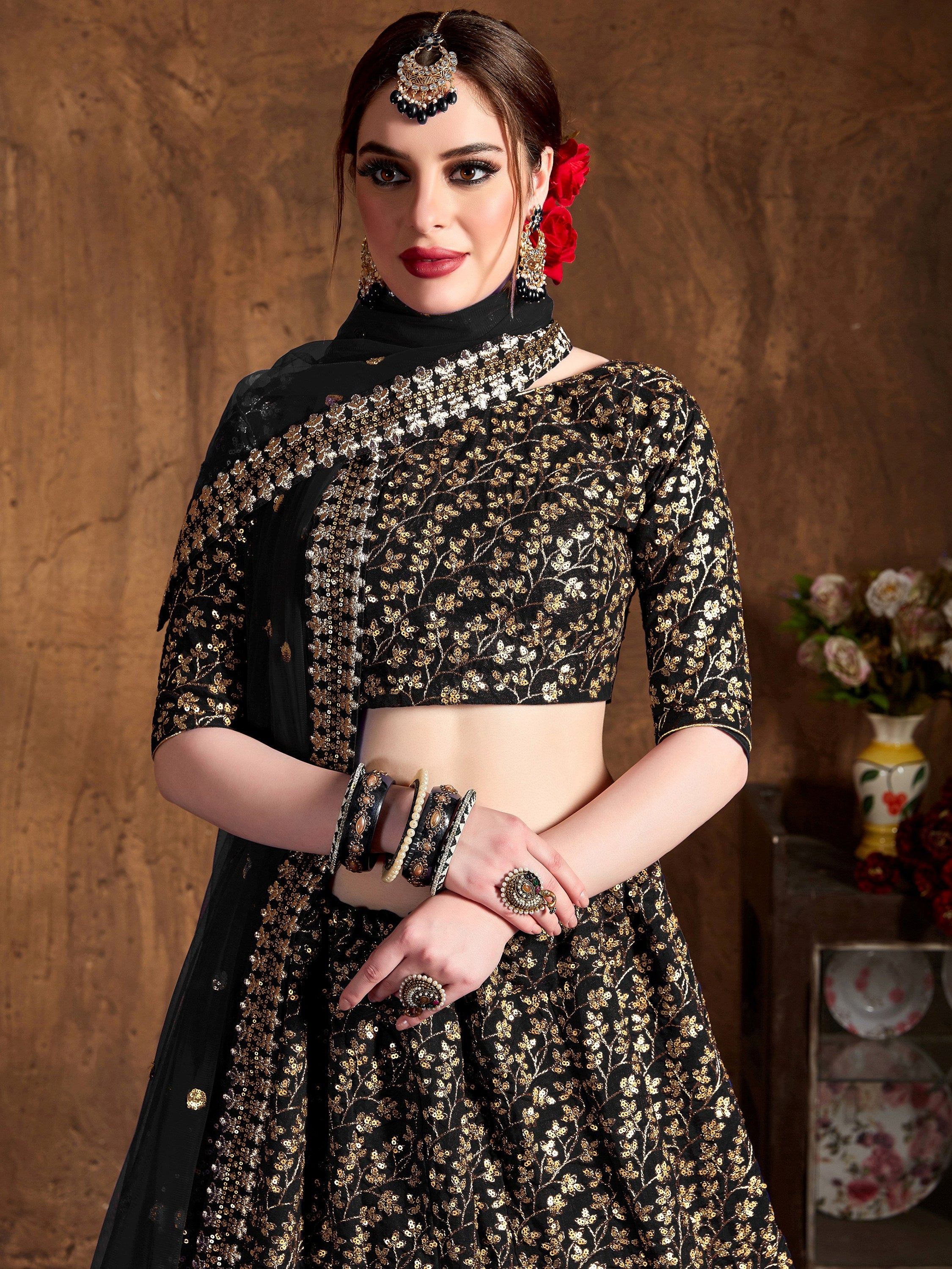 Graceful Black Sequins Silk Function Wear Plus Size Lehenga Choli
