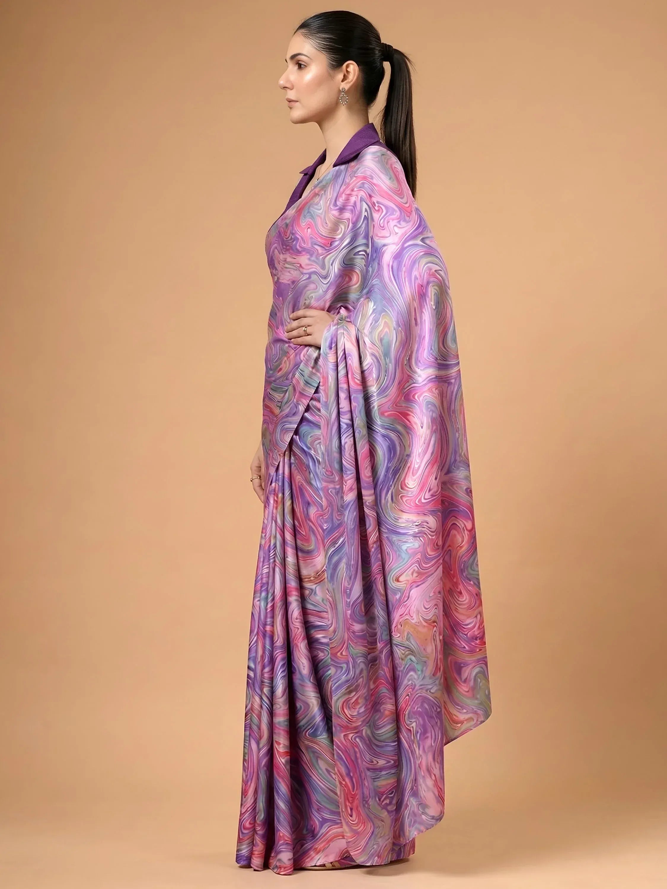 Charming Lavender Digital Printed Satin Festive Wear Saree With Blouse
