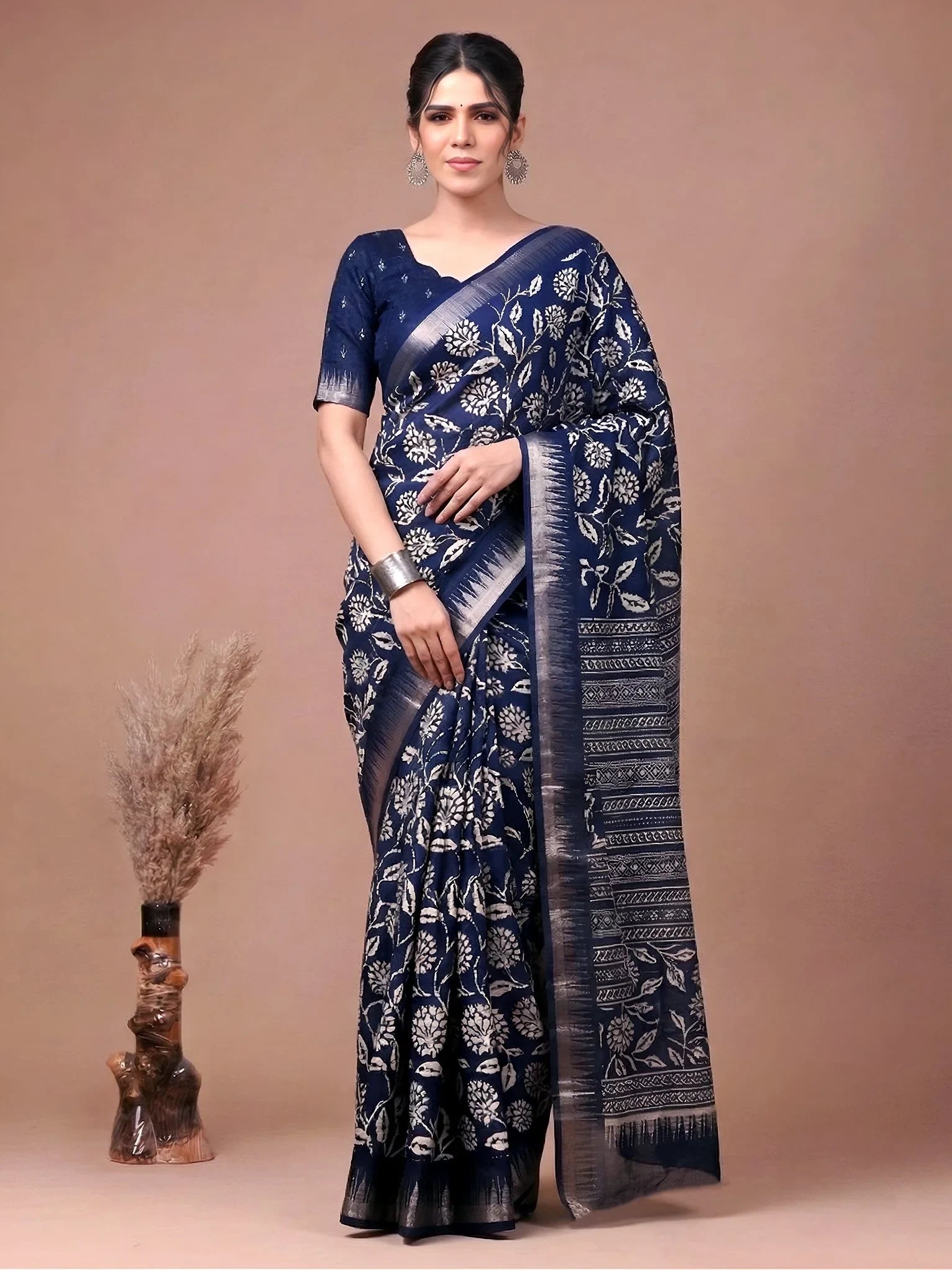 Classy Navy Blue Floral Printed Silk Office Wear Saree With Blouse