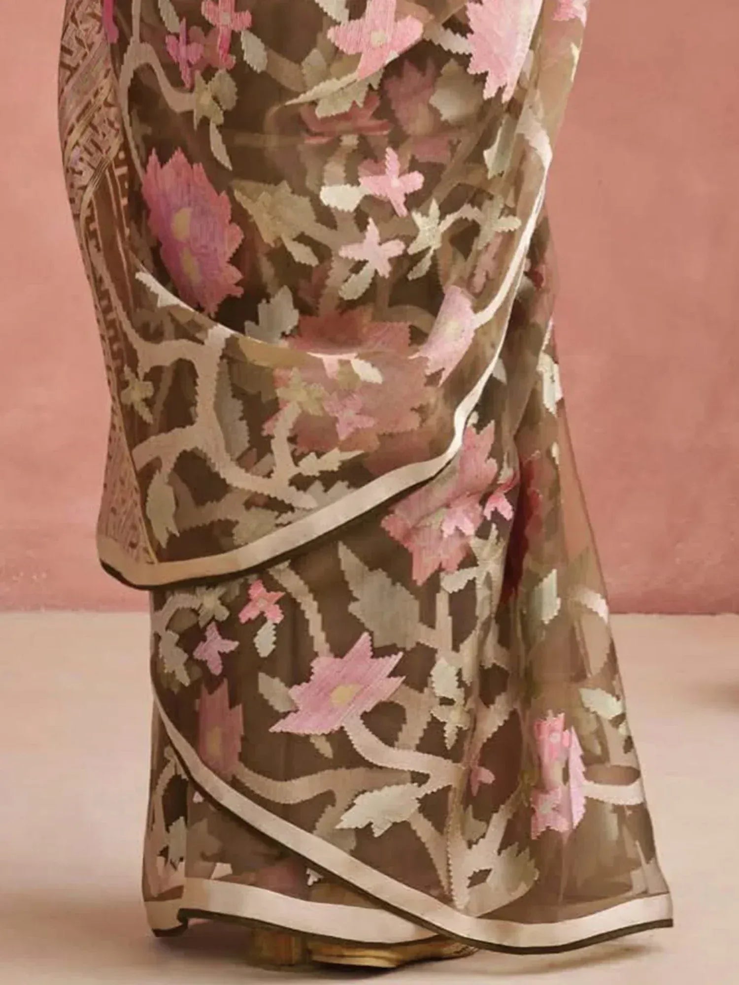 Brown saree with pink floral embroidery and gold border, Indian ethnic wear