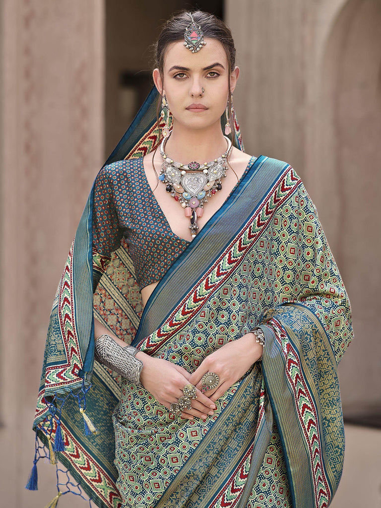 Awesome Teal Blue Patola Printed Silk Function Wear Saree With Blouse