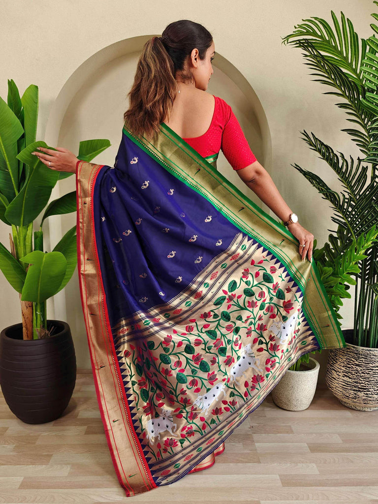 Impressive Blue Paithani Silk Floral Weaving Saree With Blouse