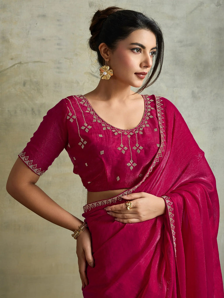 Gorgeous Pink Chiffon Party Wear Saree With Diamond Work Blouse