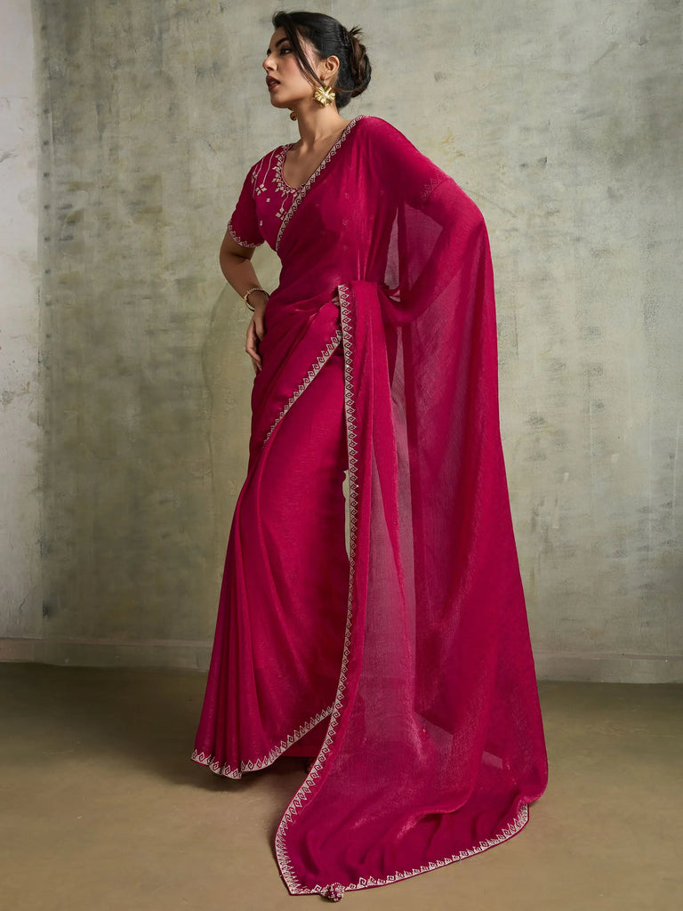 Gorgeous Pink Chiffon Party Wear Saree With Diamond Work Blouse