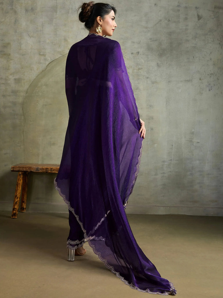 Elegant Purple Chiffon Festive Wear Saree With Diamond Work Blouse