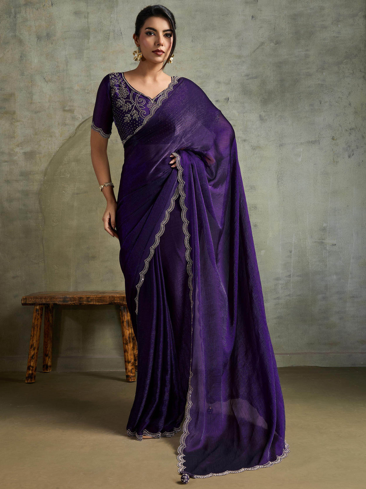 Elegant Purple Chiffon Festive Wear Saree With Diamond Work Blouse