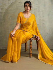 Graceful Yellow Chiffon Haldi Wear Saree With Diamond Work Blouse