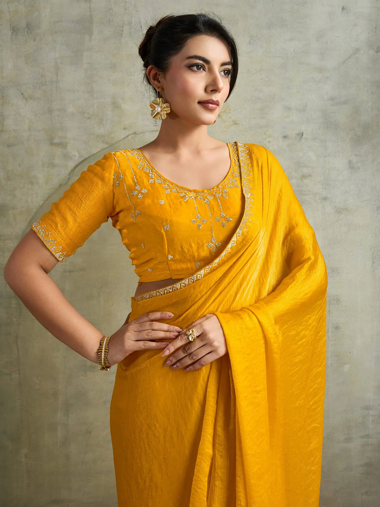 Graceful Yellow Chiffon Haldi Wear Saree With Diamond Work Blouse