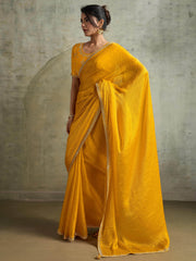 Graceful Yellow Chiffon Haldi Wear Saree With Diamond Work Blouse
