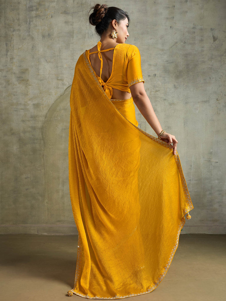 Graceful Yellow Chiffon Haldi Wear Saree With Diamond Work Blouse