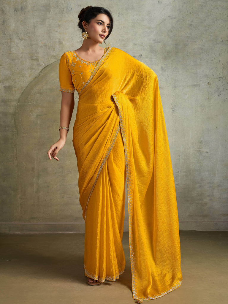 Graceful Yellow Chiffon Haldi Wear Saree With Diamond Work Blouse
