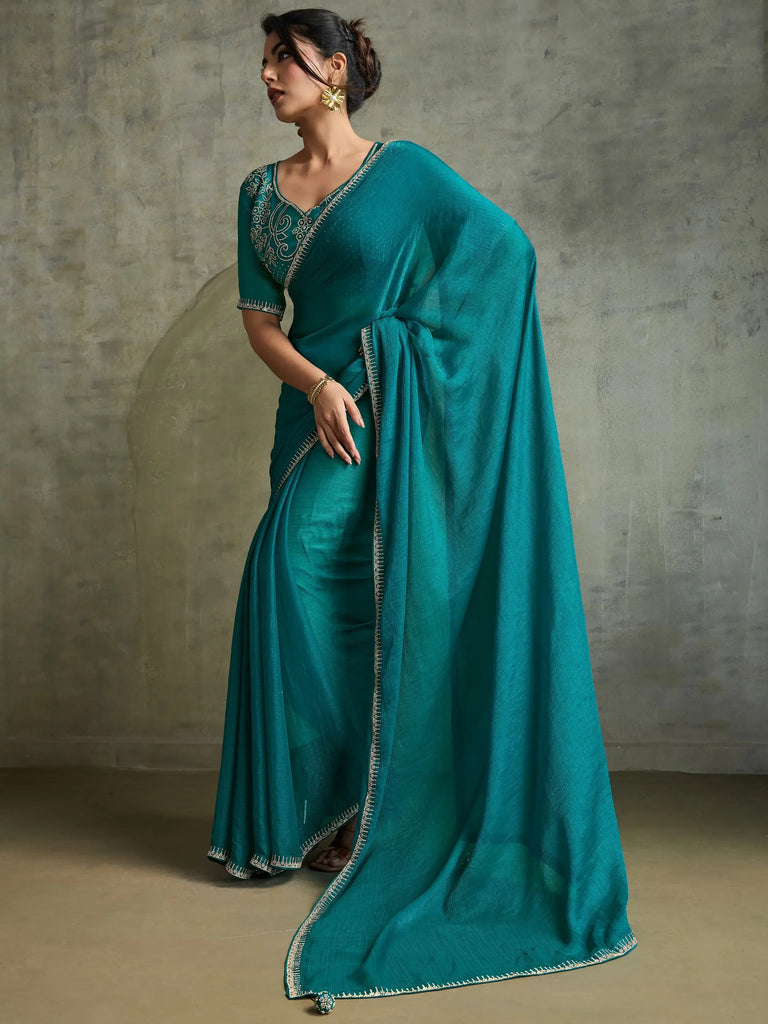 Captivating Green Chiffon Festive Wear Saree With Diamond Work Blouse