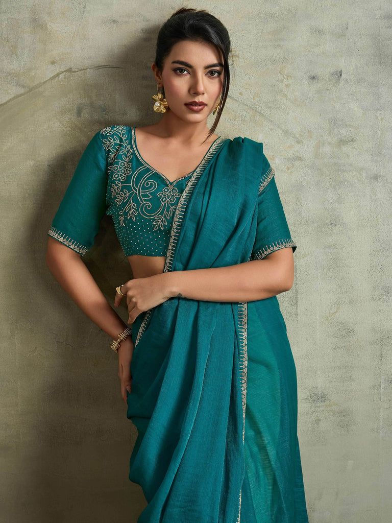Captivating Green Chiffon Festive Wear Saree With Diamond Work Blouse