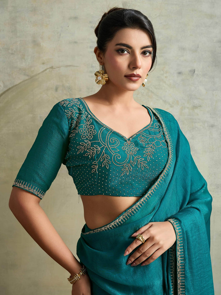 Captivating Green Chiffon Festive Wear Saree With Diamond Work Blouse