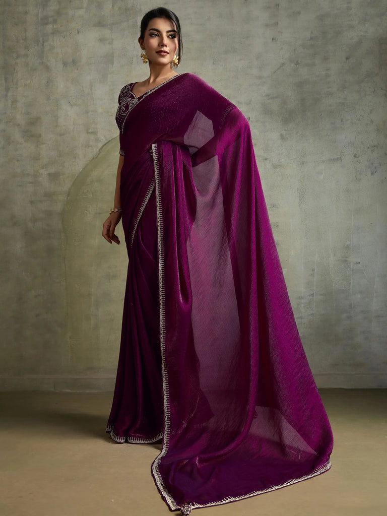 Glowing Purple Chiffon Party Wear Saree With Diamond Work Blouse