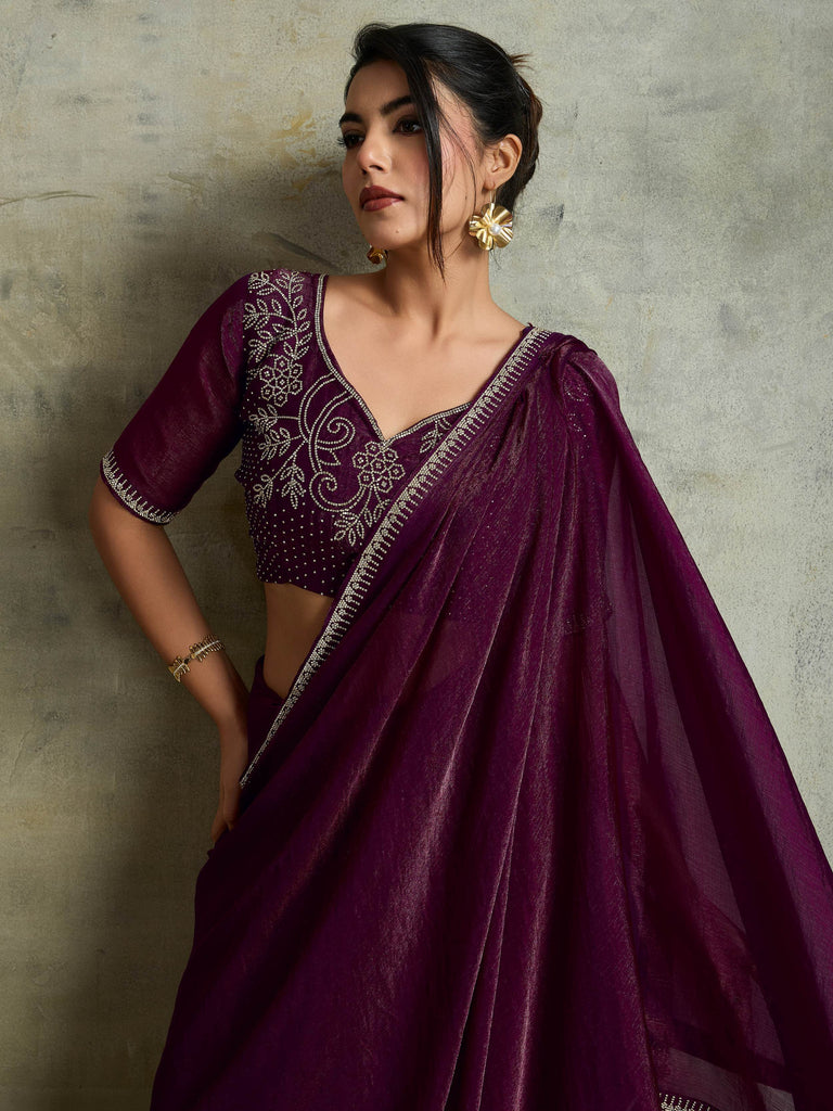 Glowing Purple Chiffon Party Wear Saree With Diamond Work Blouse