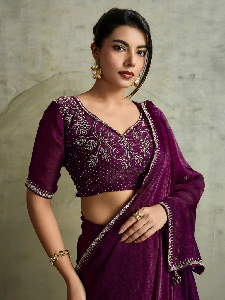 Glowing Purple Chiffon Party Wear Saree With Diamond Work Blouse