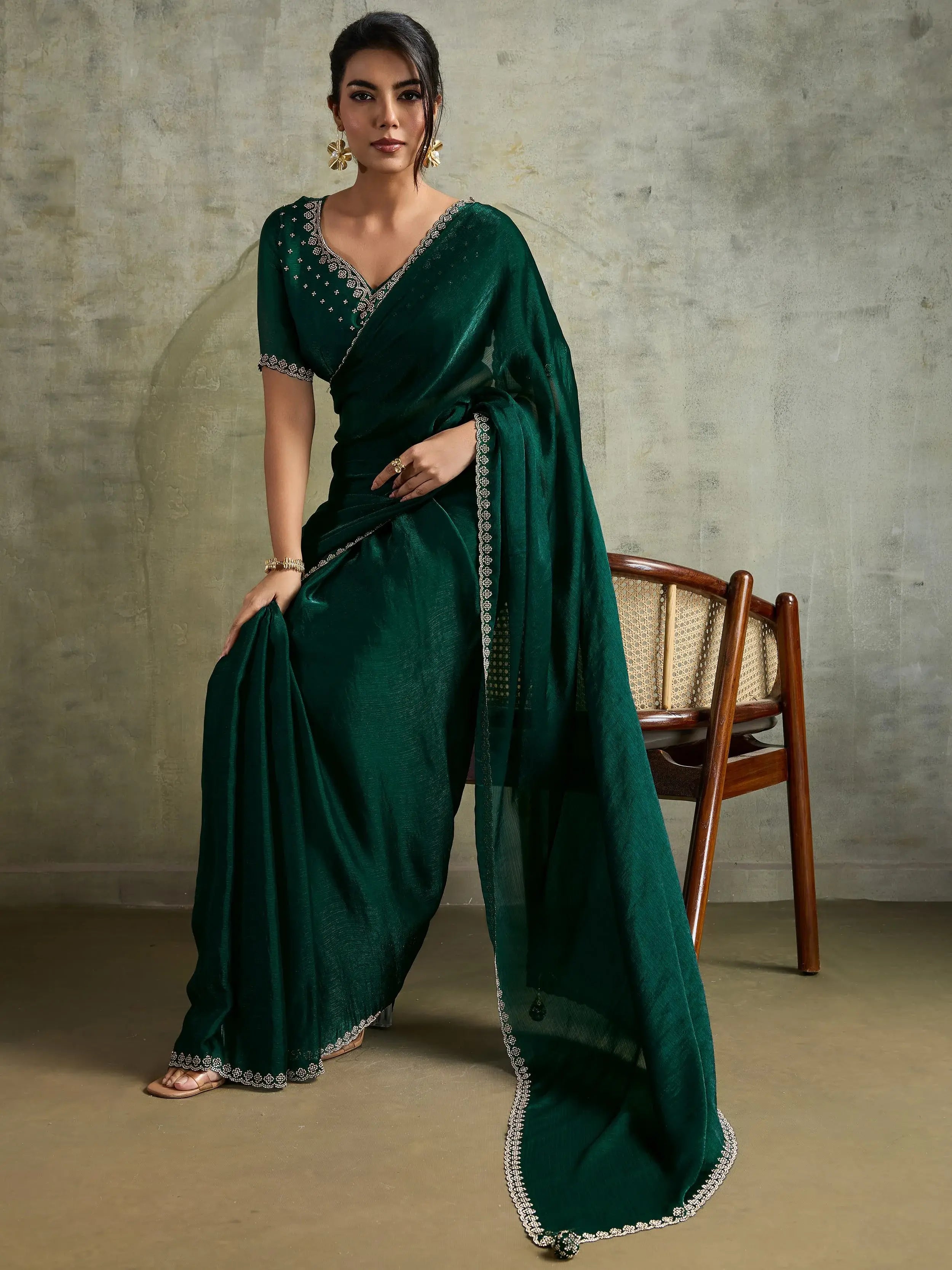 Sparkling Green Chiffon Function Wear Saree With Diamond Work Blouse