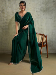 Sparkling Green Chiffon Function Wear Saree With Diamond Work Blouse