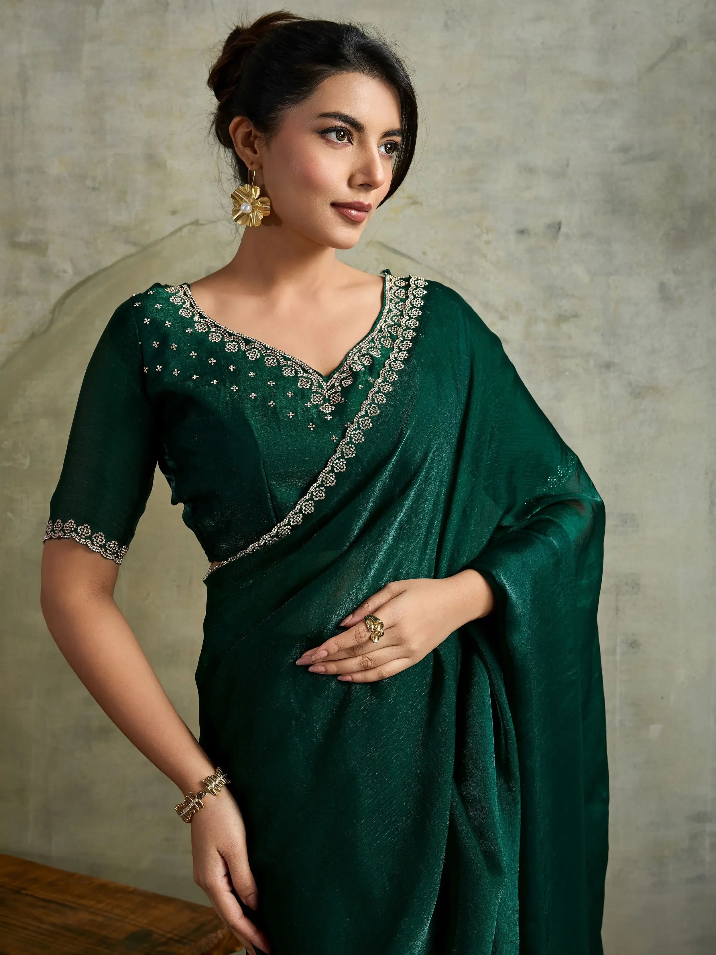 Sparkling Green Chiffon Function Wear Saree With Diamond Work Blouse