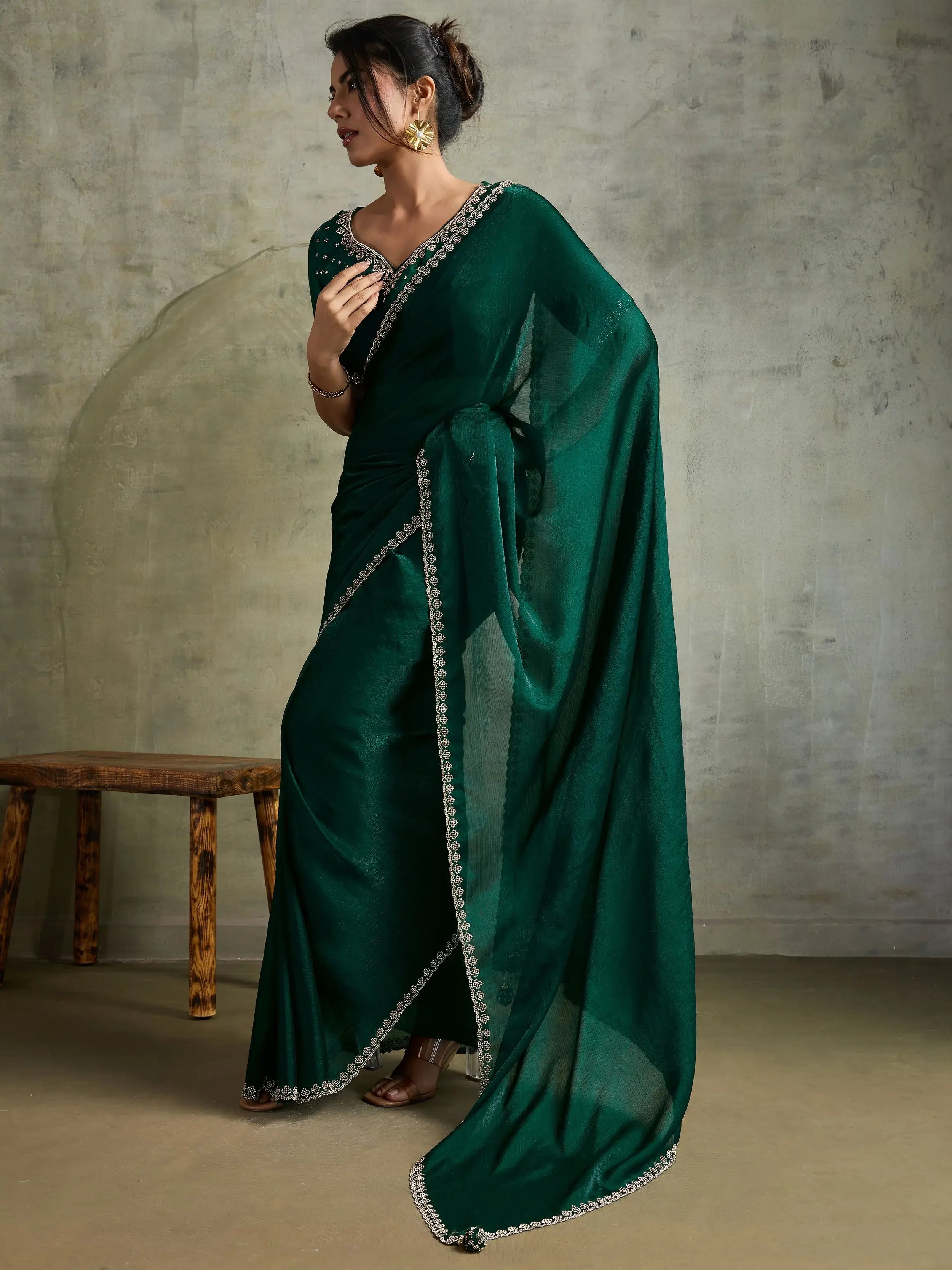 Sparkling Green Chiffon Function Wear Saree With Diamond Work Blouse