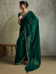 Sparkling Green Chiffon Function Wear Saree With Diamond Work Blouse