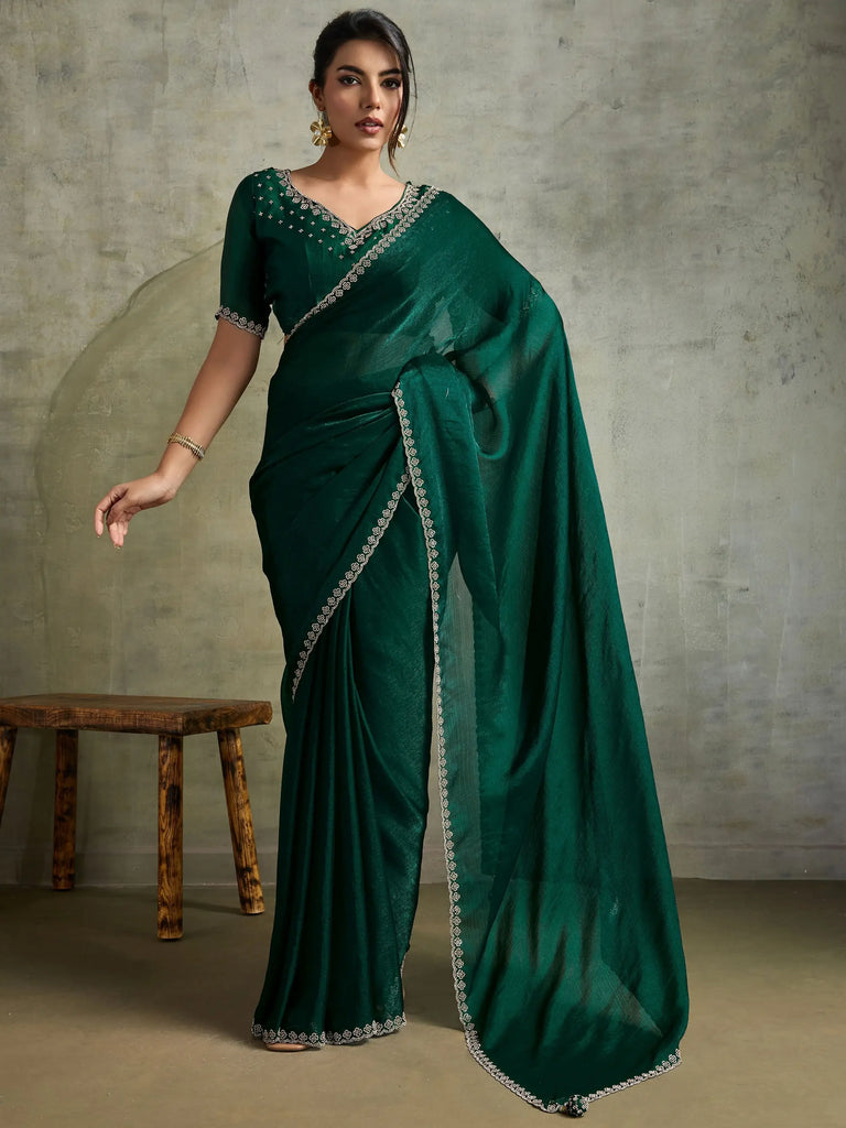 Sparkling Green Chiffon Function Wear Saree With Diamond Work Blouse