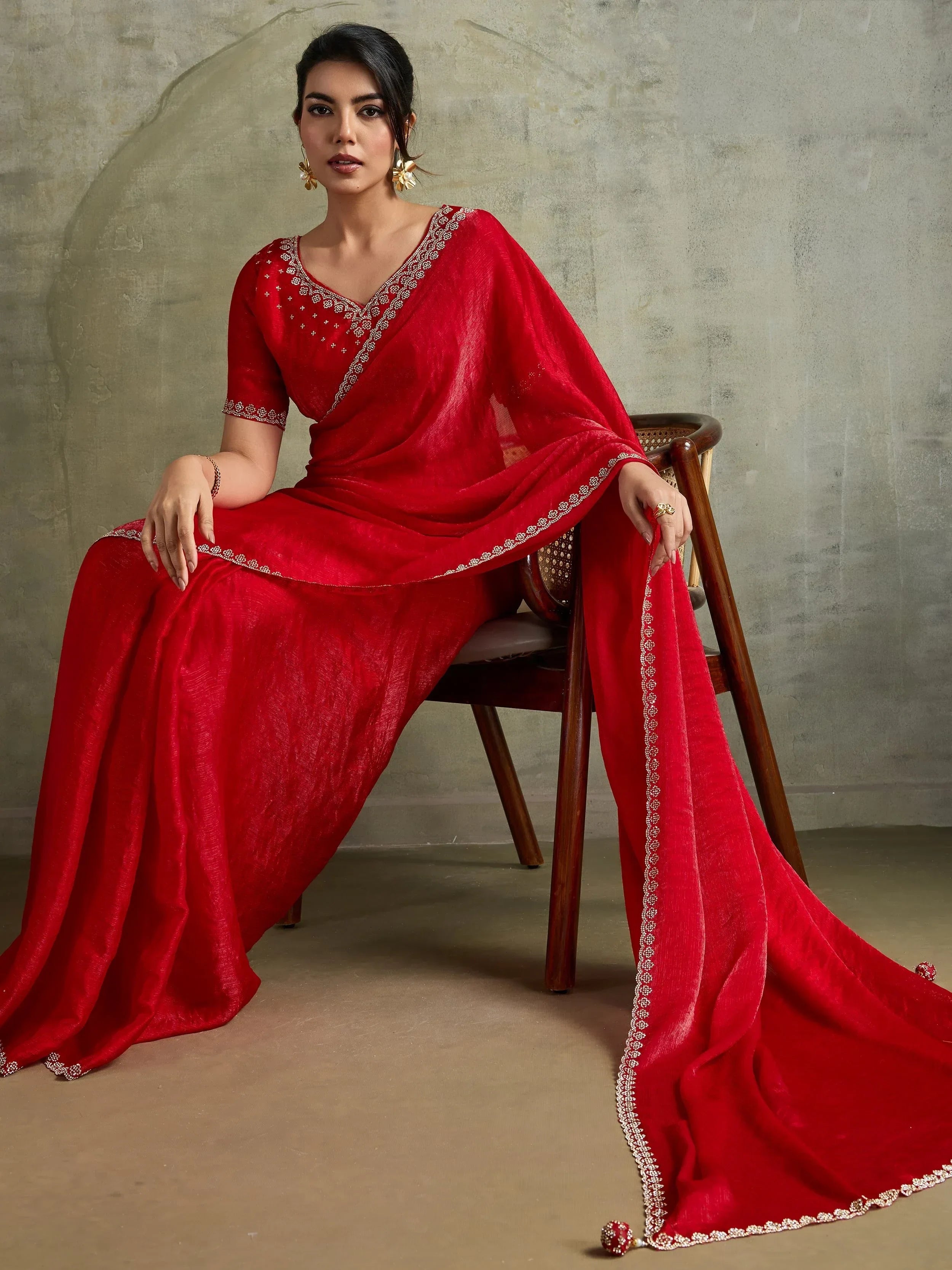 Fantastic Red Chiffon Wedding Wear Saree With Diamond Work Blouse