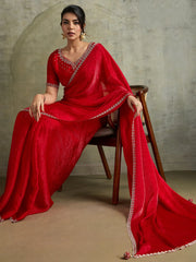 Fantastic Red Chiffon Wedding Wear Saree With Diamond Work Blouse