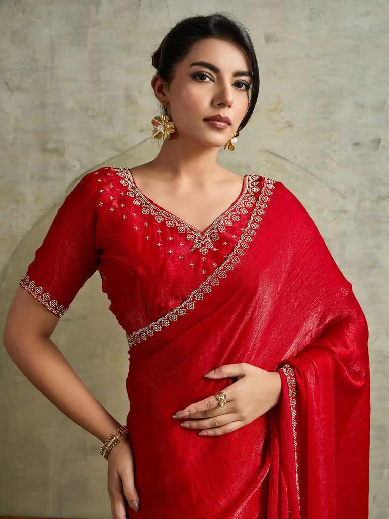 Fantastic Red Chiffon Wedding Wear Saree With Diamond Work Blouse
