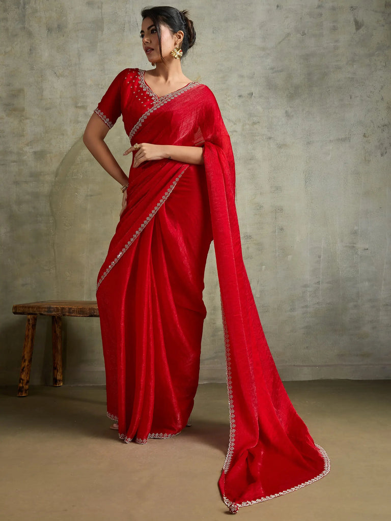 Fantastic Red Chiffon Wedding Wear Saree With Diamond Work Blouse