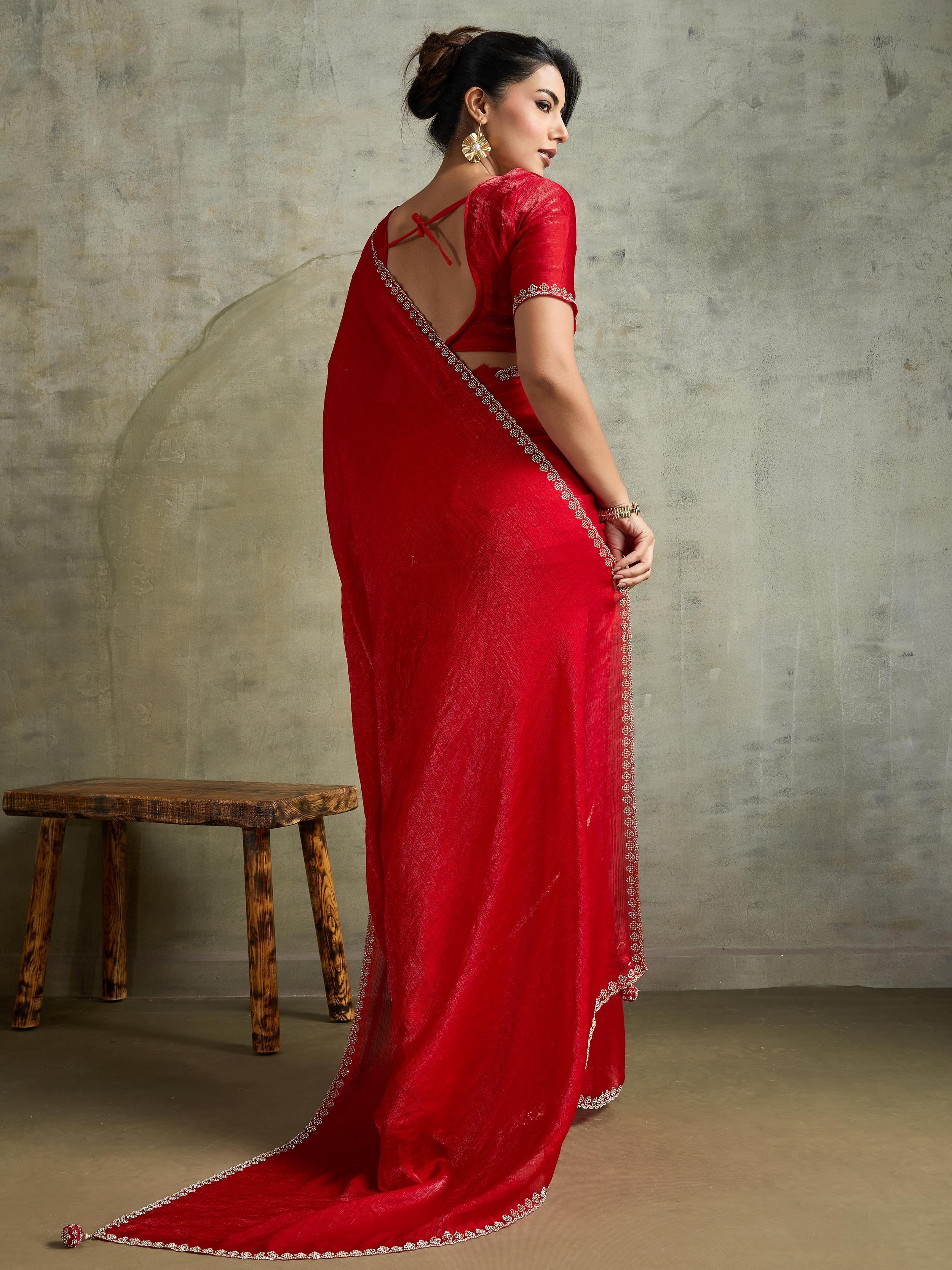 Fantastic Red Chiffon Wedding Wear Saree With Diamond Work Blouse