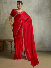 Fantastic Red Chiffon Wedding Wear Saree With Diamond Work Blouse