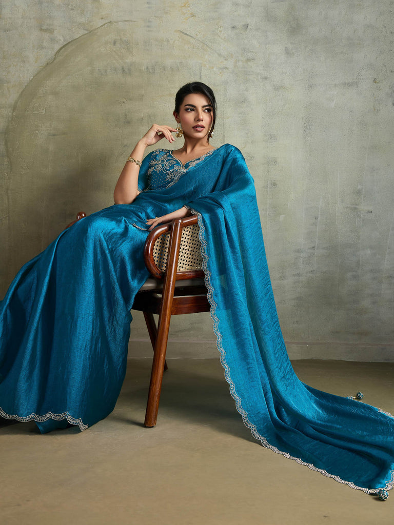 Fabulous Blue Chiffon Festive Wear Saree With Diamond Work Blouse