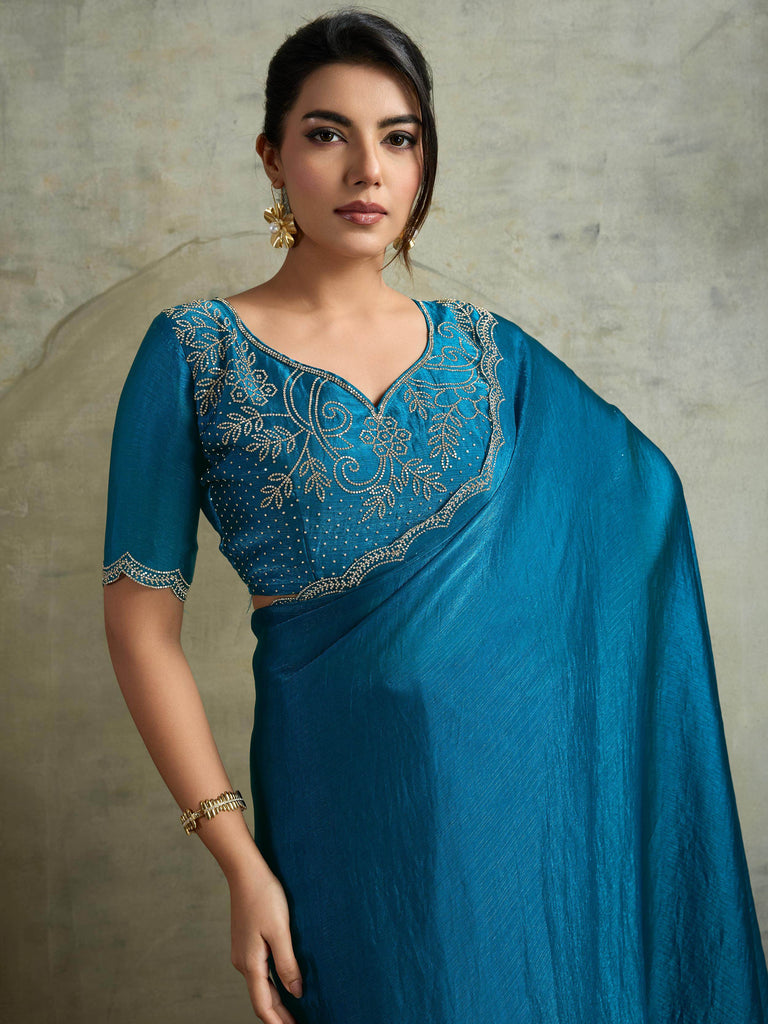 Fabulous Blue Chiffon Festive Wear Saree With Diamond Work Blouse