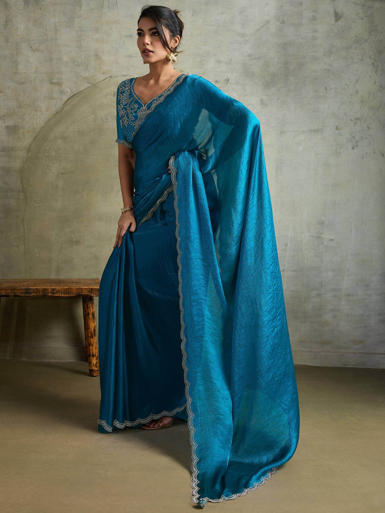 Fabulous Blue Chiffon Festive Wear Saree With Diamond Work Blouse