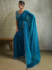 Fabulous Blue Chiffon Festive Wear Saree With Diamond Work Blouse