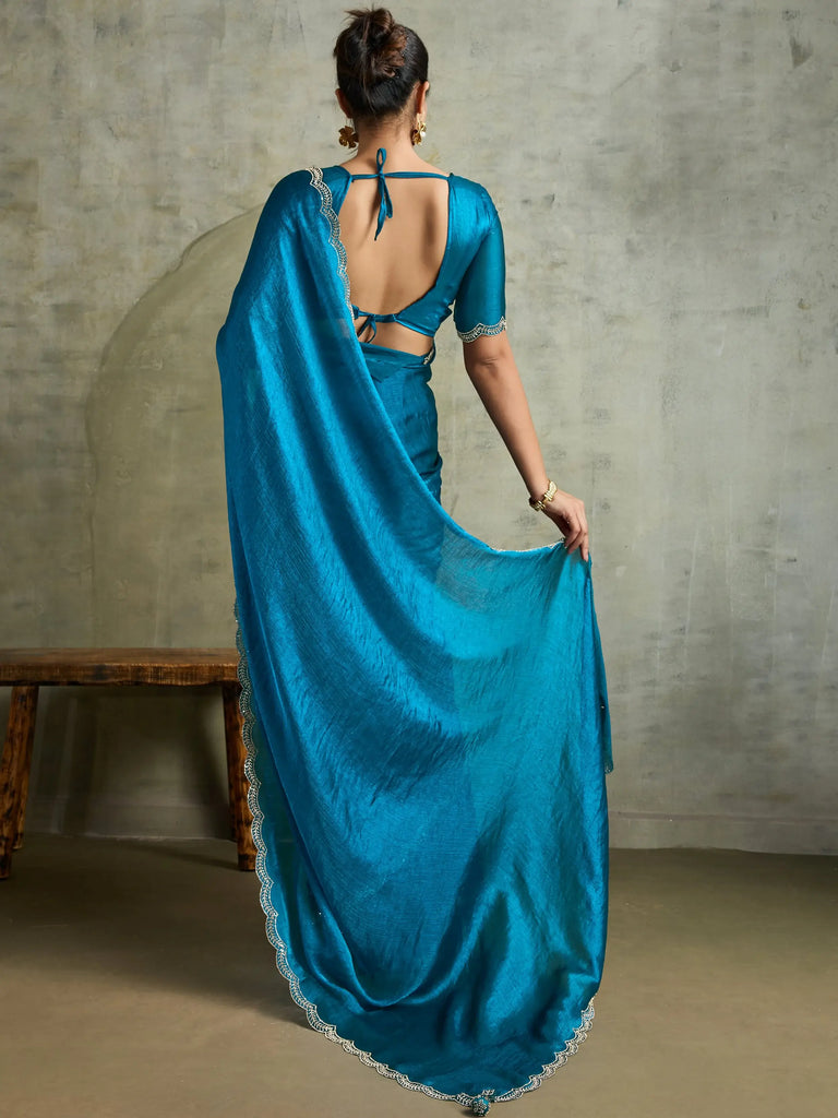 Fabulous Blue Chiffon Festive Wear Saree With Diamond Work Blouse