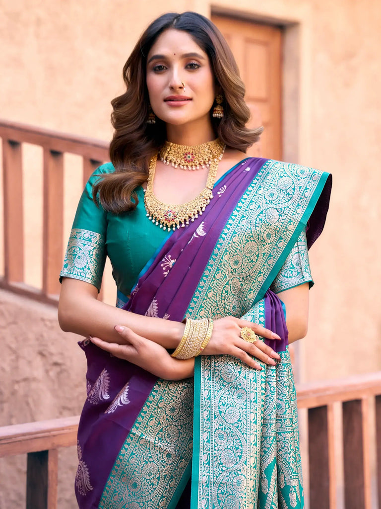 Stunning Purple Zari Weaving Silk Festive Wear Saree With Blouse